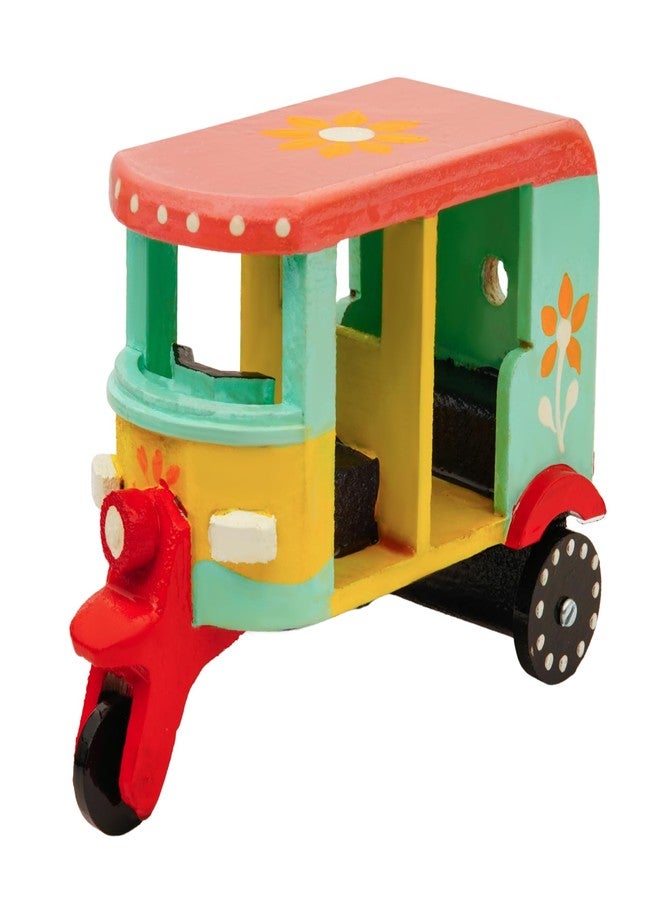 Toolart® Wooden Handcrafted Hand-Painted Auto Rickshaw Toy for Kids | Traditional Push & Pull Wooden Toy Showpiece | Best Birthday Return Gift (Small_Auto_Parent) (08r) - Image 1